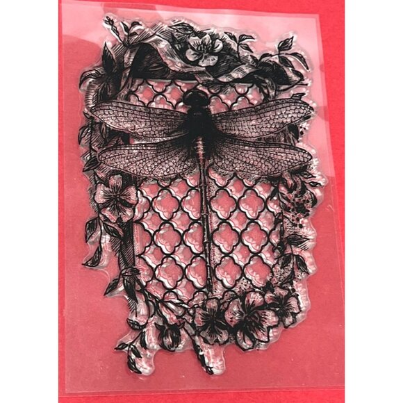 Deep Red Stamps DRAGONFLY ON TRELLIS CLEAR CLING PHOTOPOLYMER STAMP - Picture 2 of 5